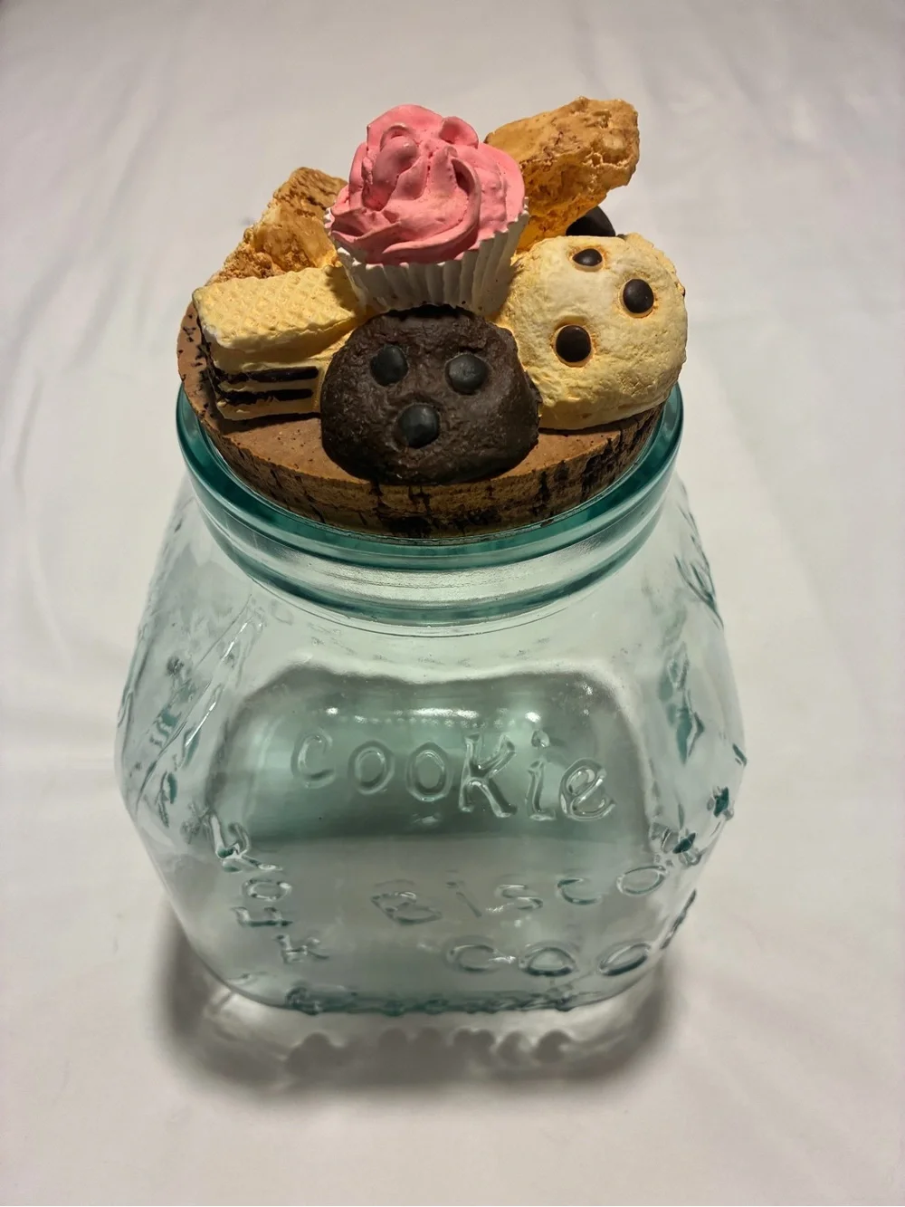Light blue Glass Cookie Jar with cookie accent Lid - Pink & Neutral Decorative